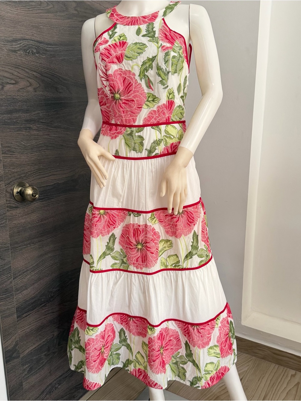 Adelyn Rae White Maxi Dress with Pink Floral & Green Leaves